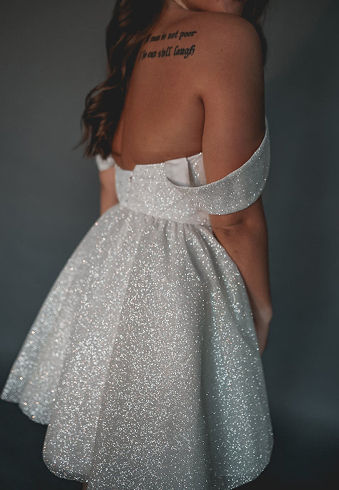 Modern & Chic A-Line Off Shoulder Lace Up Fully Sparkly Mini Wedding Dress