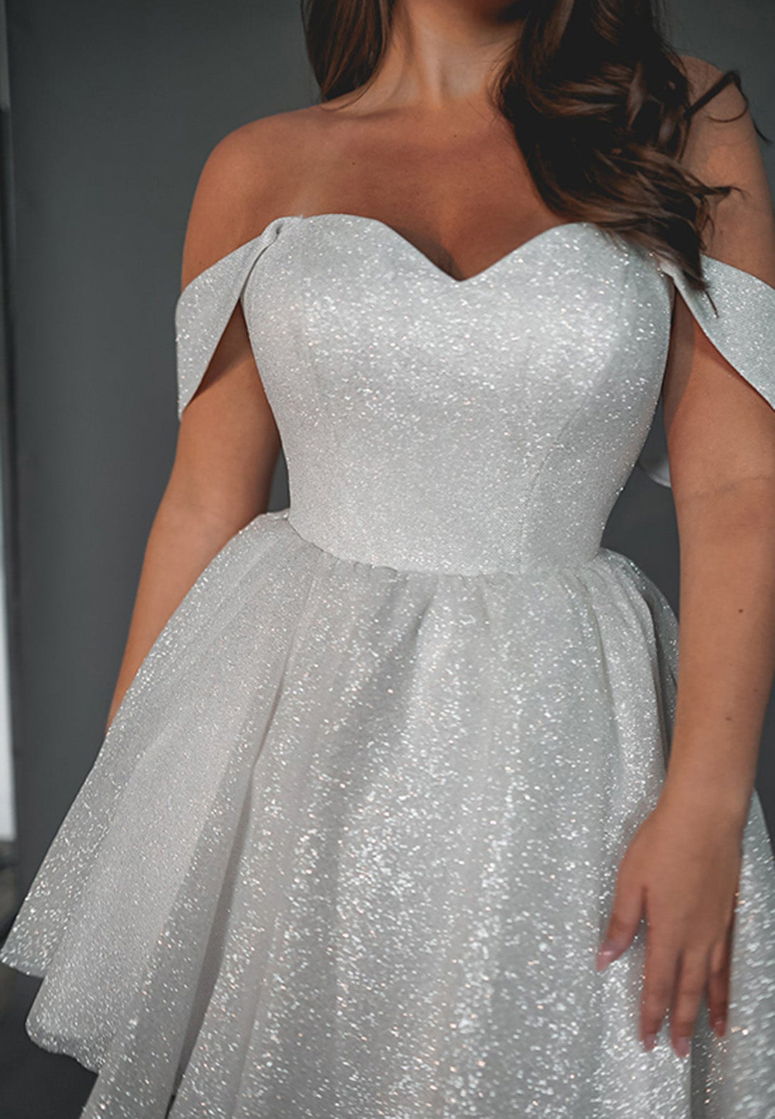 Modern & Chic A-Line Off Shoulder Lace Up Fully Sparkly Mini Wedding Dress