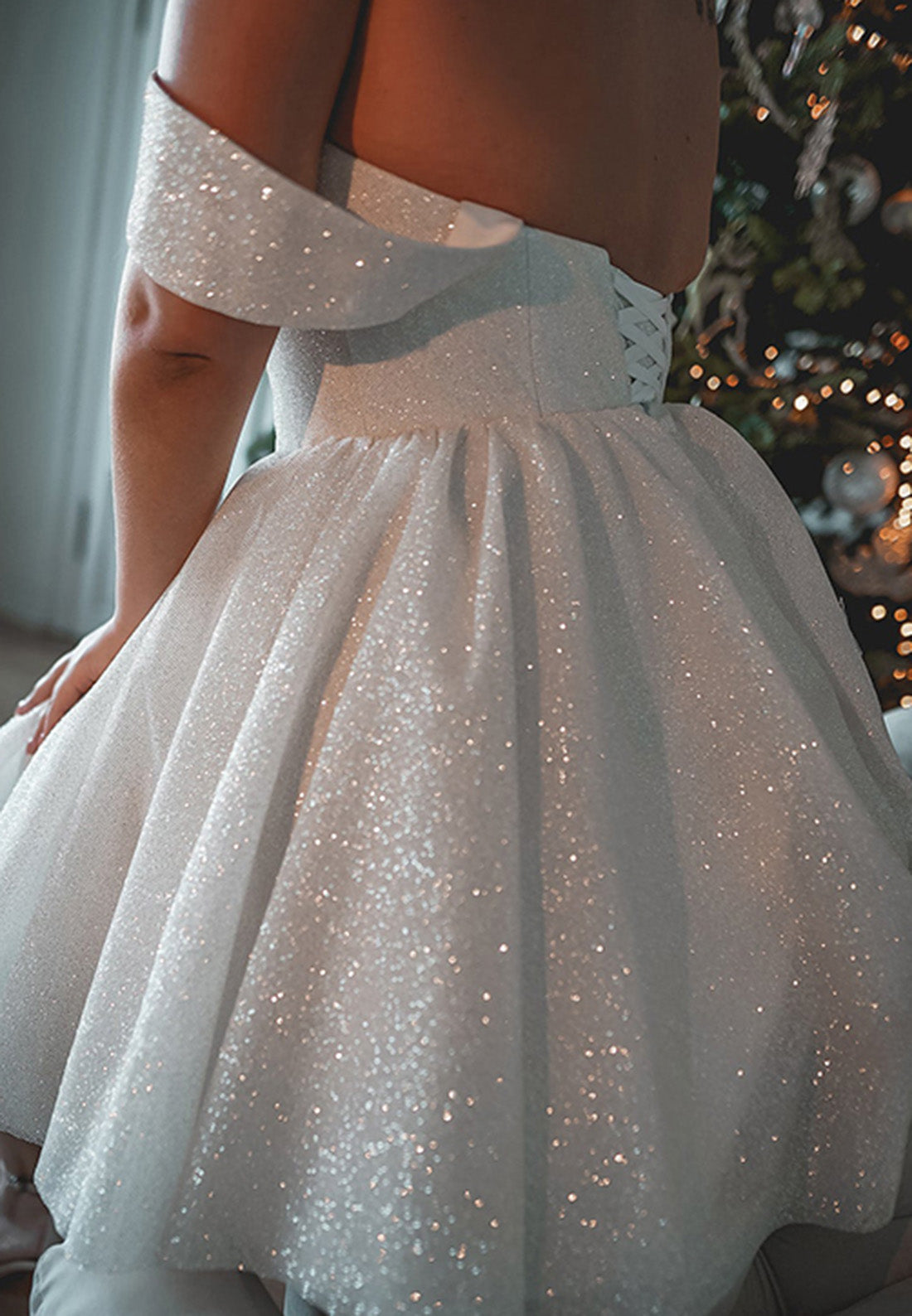 Modern & Chic A-Line Off Shoulder Lace Up Fully Sparkly Mini Wedding Dress