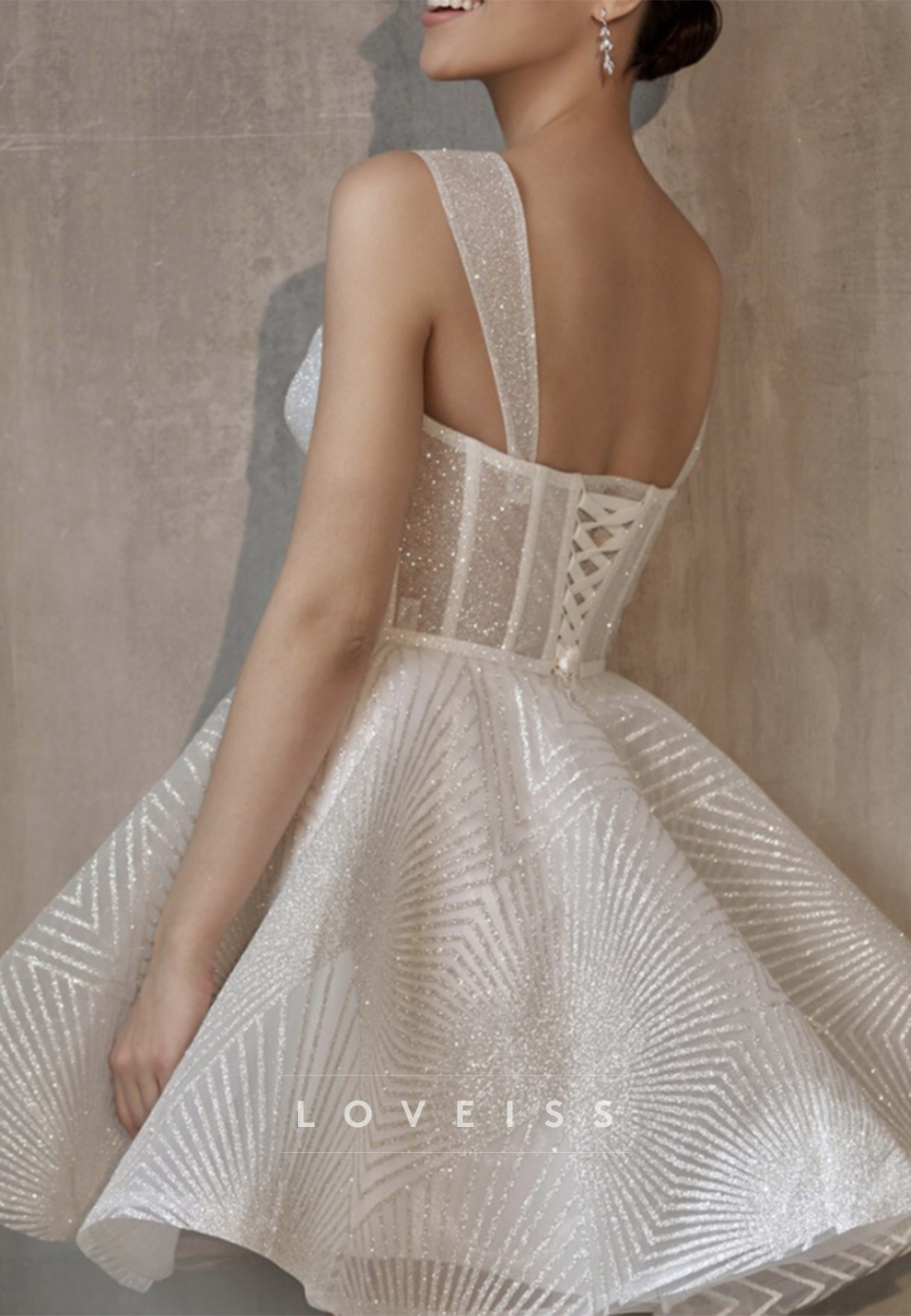 Off-Shoulder Straps Beaded Embroidery Sparkly Short A-Line Wedding Dress