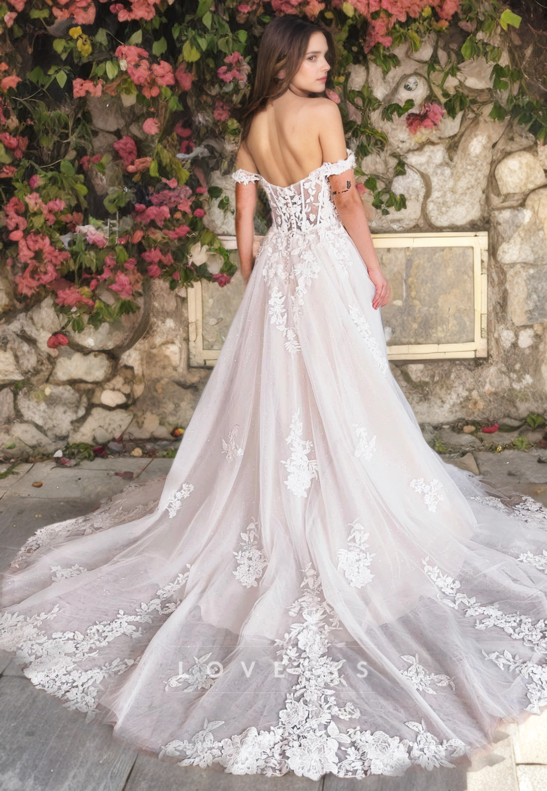 Off-Shouder Strapless Floral Embellished Tulle A-Line Beach Wedding Dress