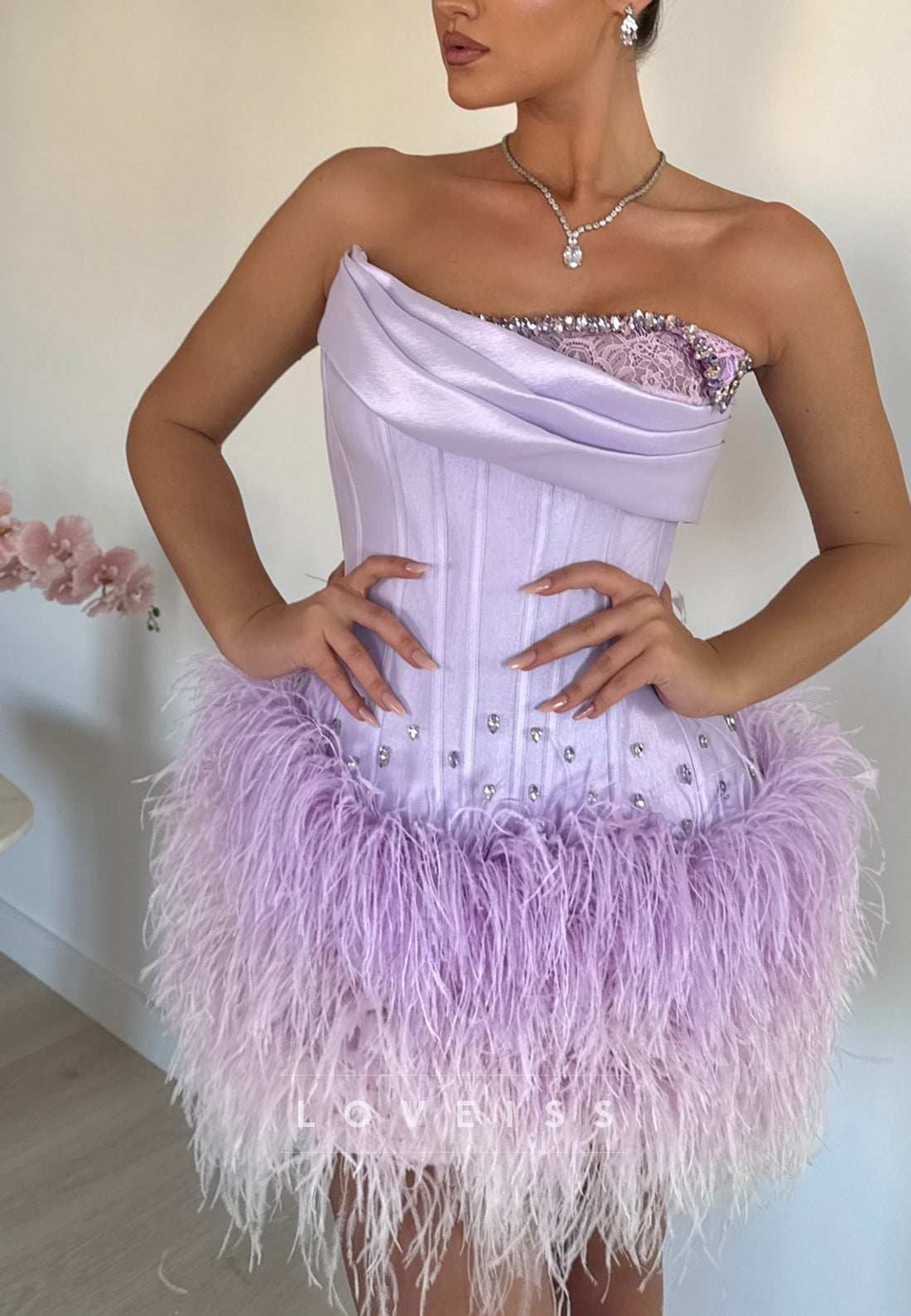 Off-Shoulder Beaded Feathered A-Line Homecoming Dress
