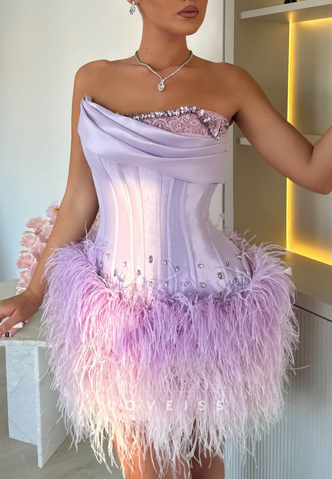 Off-Shoulder Beaded Feathered A-Line Homecoming Dress