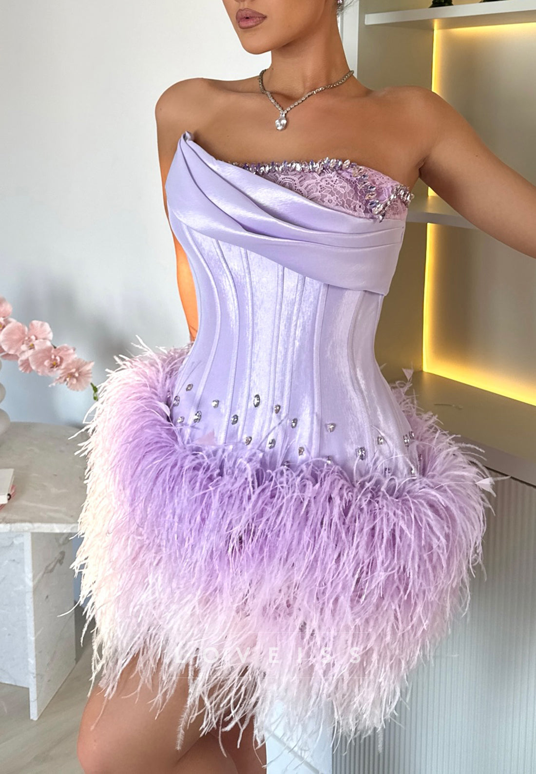 Off-Shoulder Beaded Feathered A-Line Homecoming Dress