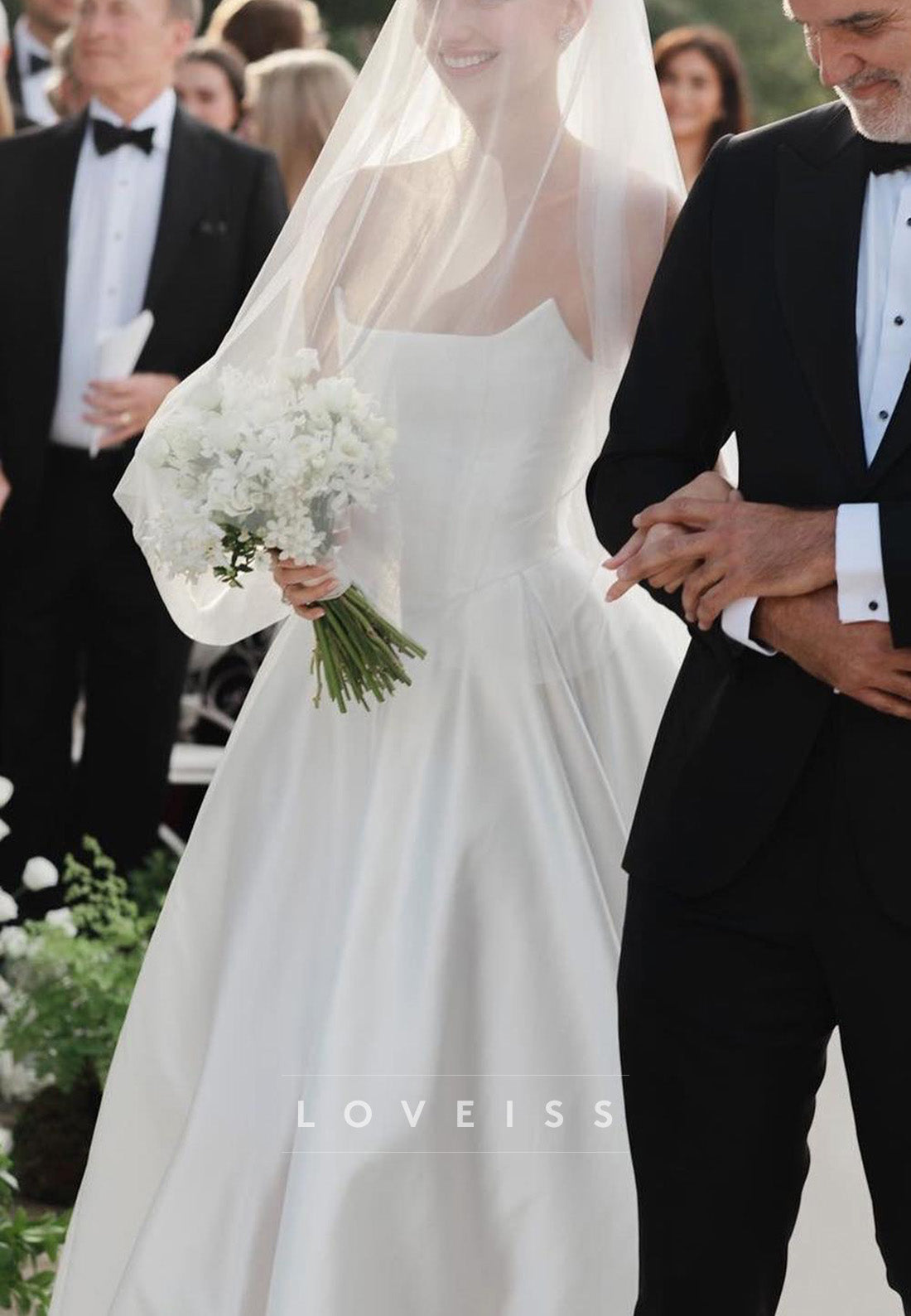 Off-Shoulder A-Line Pleated Satin A-Line Classic Wedding Dress