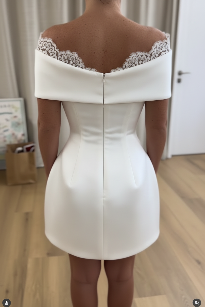 Off-Shoulder Appliques Button A-Line Short Satin Wedding Dress