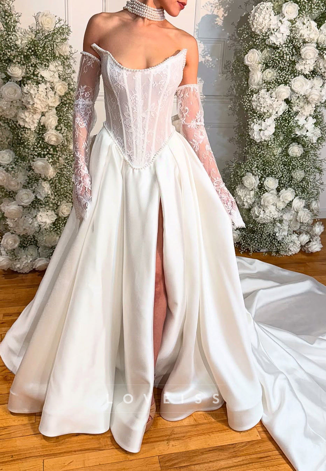 Off-Shoulder Appliques Corset Satin A-Line Wedding Dress