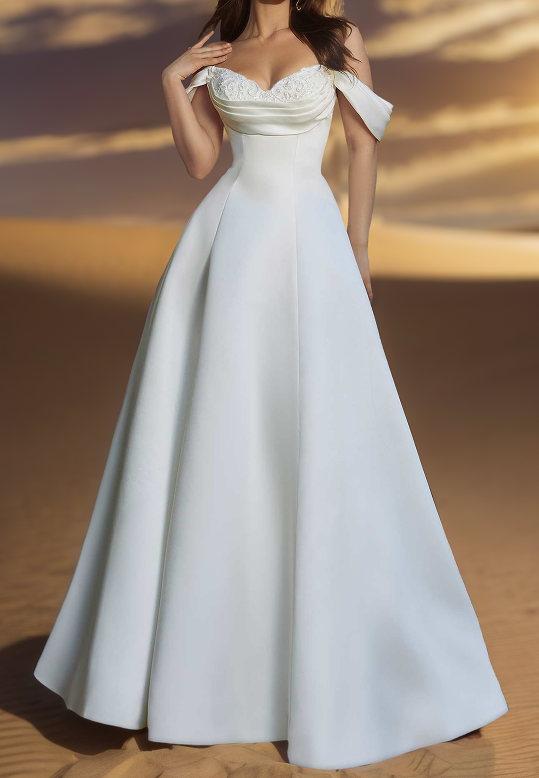 Off-Shoulder Appliques Pleated Satin A-Line Wedding Dress