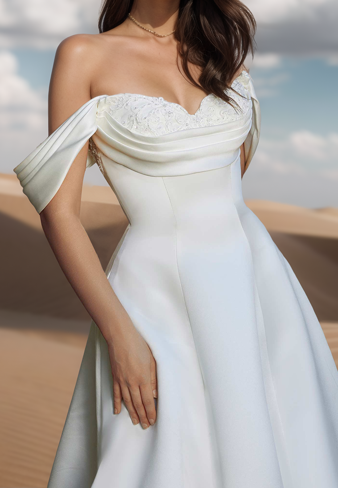 Off-Shoulder Appliques Pleated Satin A-Line Wedding Dress