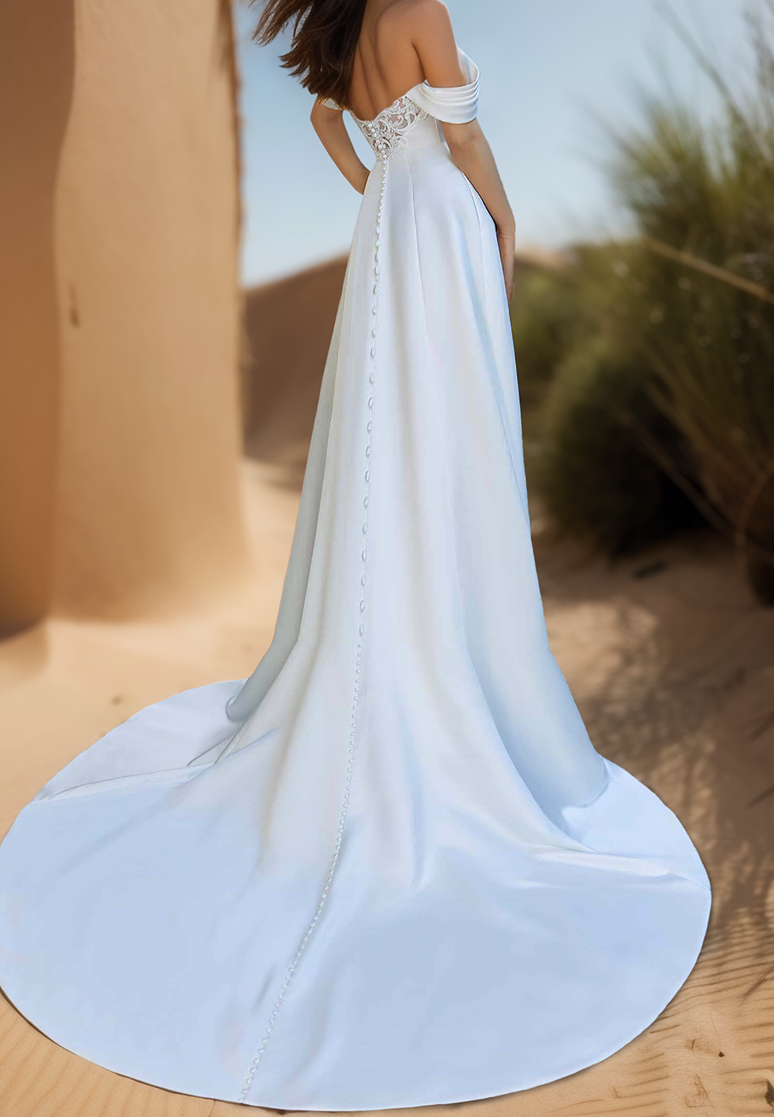 Off-Shoulder Appliques Pleated Satin A-Line Wedding Dress