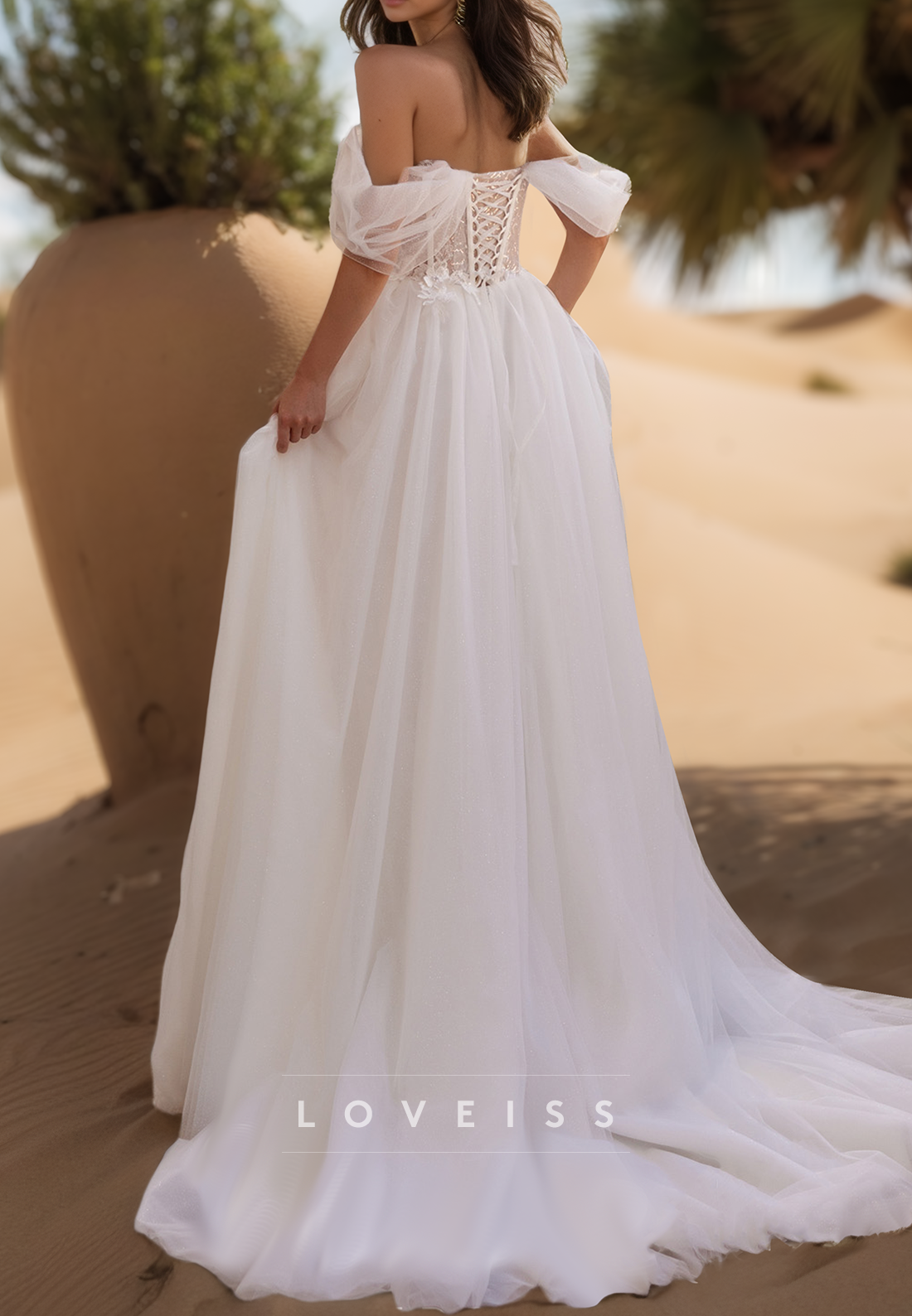 Off-Shoulder Appliques Tulle Side Slit A-Line Wedding Dress