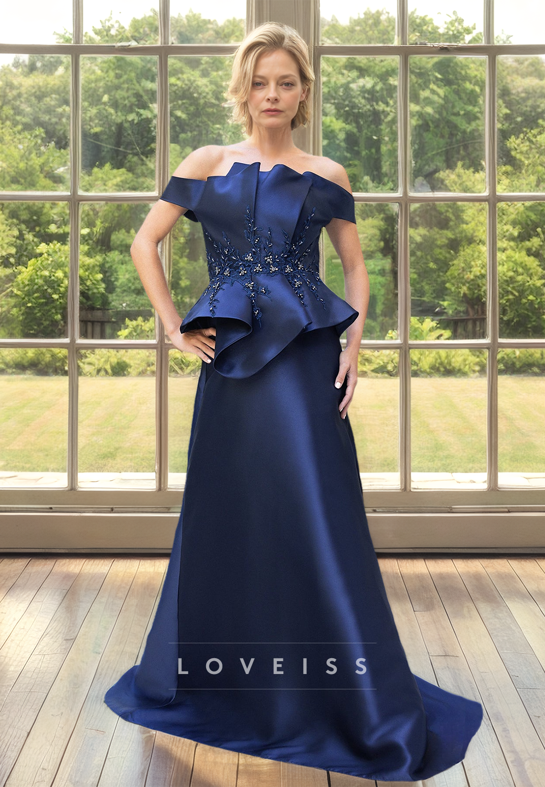 Off-Shoulder Atrapless Ruffled Sleek Satin A-Line Mother of Bride Dress