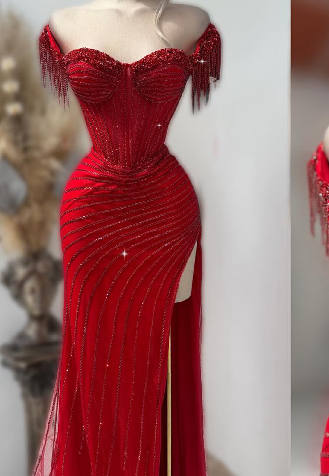 Off-Shoulder Beaded Emboridery Side Slit Sheath Prom Dress
