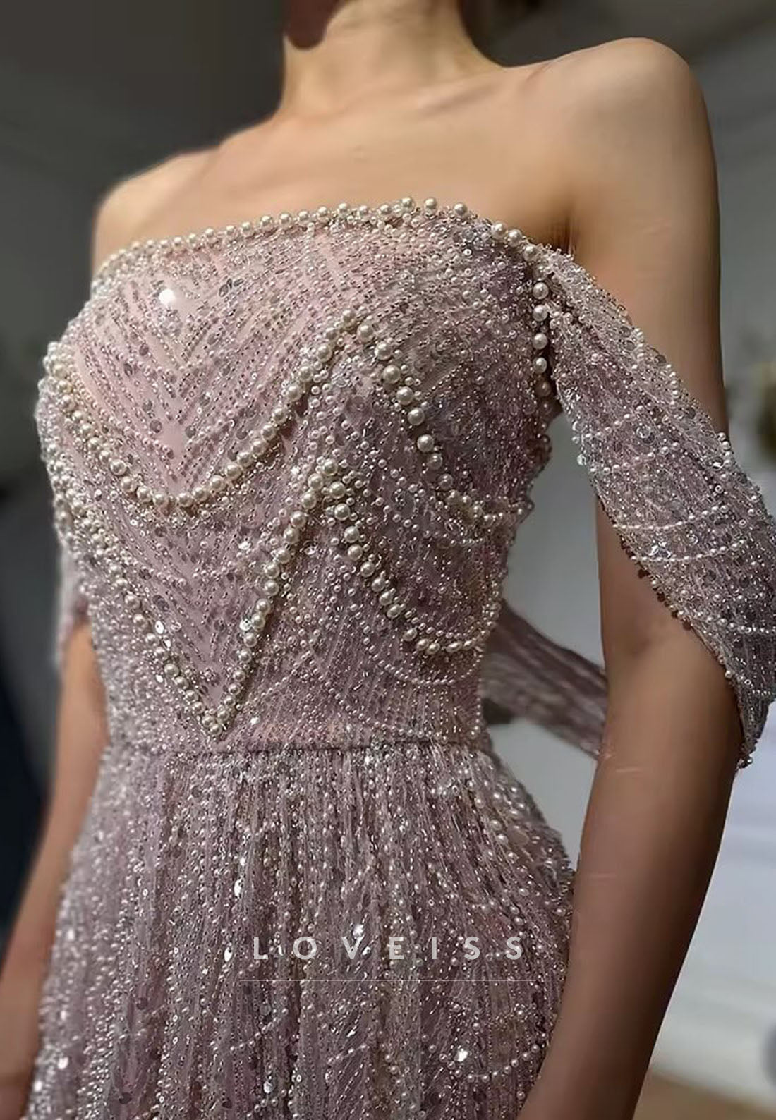 Off-Shoulder Beaded Embroidery Sparkly A-Line Prom Evening Dress