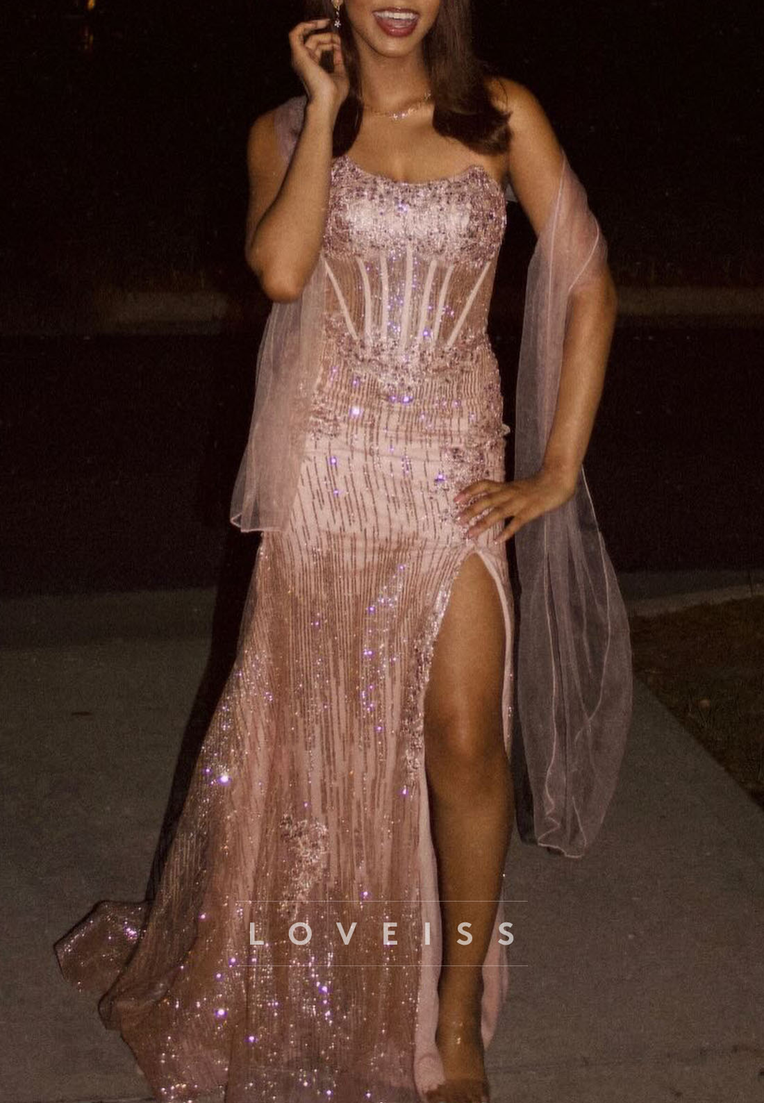 Off-Shoulder Beaded Embroidery Sparkly Sheath Prom Dress