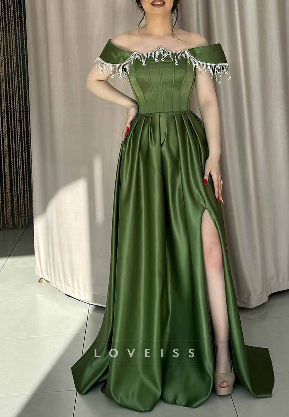 Off-Shoulder Beaded Pleated A-Line Prom Dress