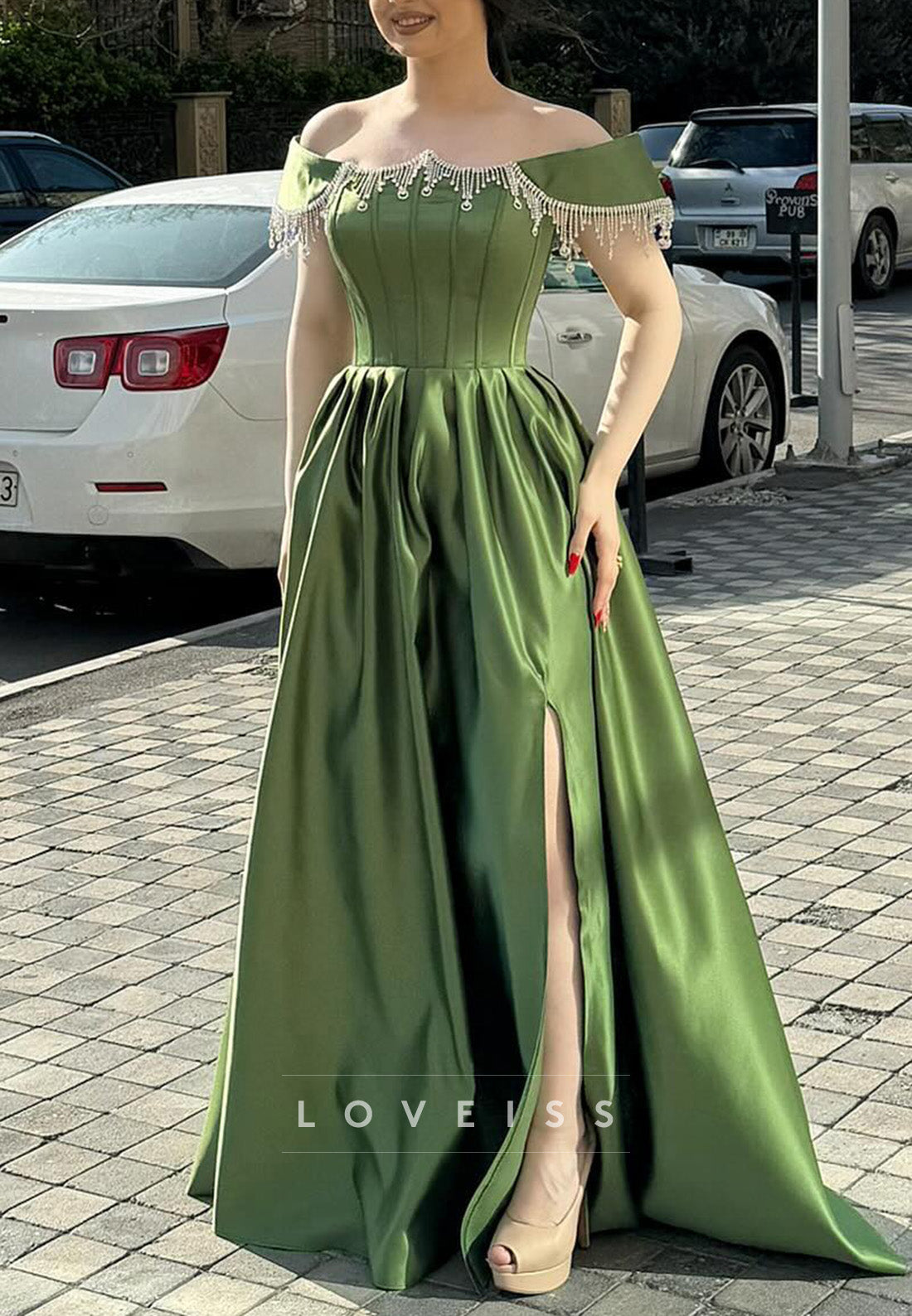Off-Shoulder Beaded Pleated A-Line Prom Dress
