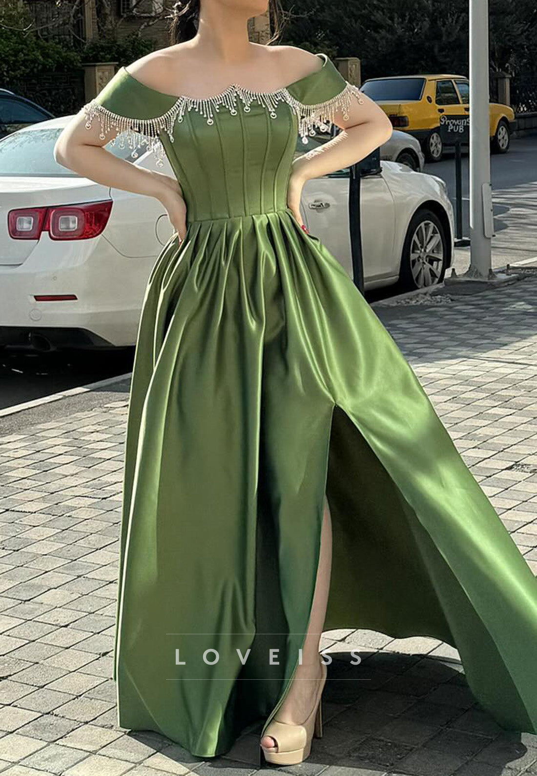 Off-Shoulder Beaded Pleated A-Line Prom Dress