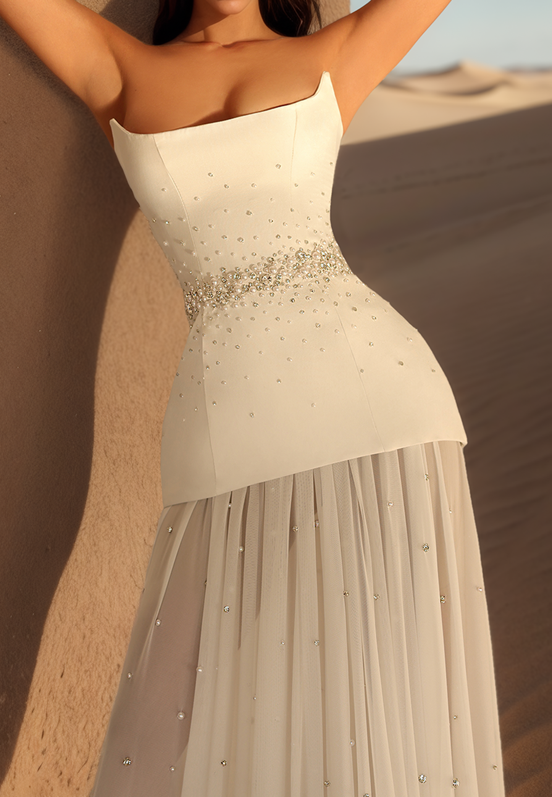 Off-Shoulder Beaded Pleated Long A-Line Beach Wedding Dress