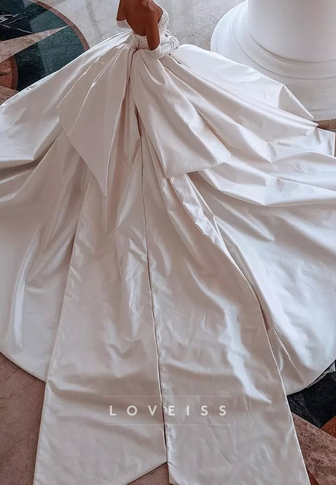 Off-Shoulder Beaded Pleated Satin A-Line Wedding Dress