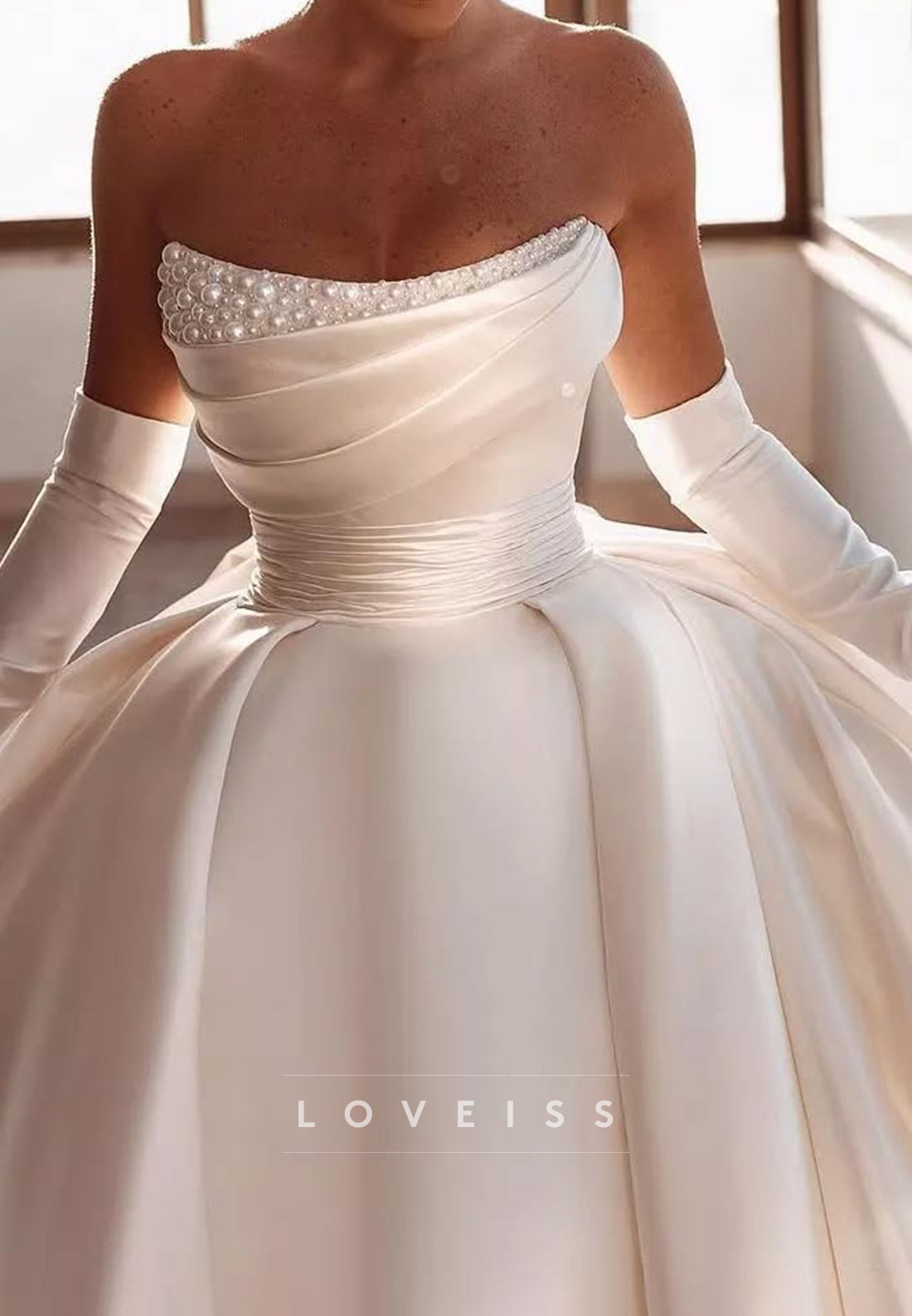 Off-Shoulder Beaded Pleated Satin A-Line Wedding Dress