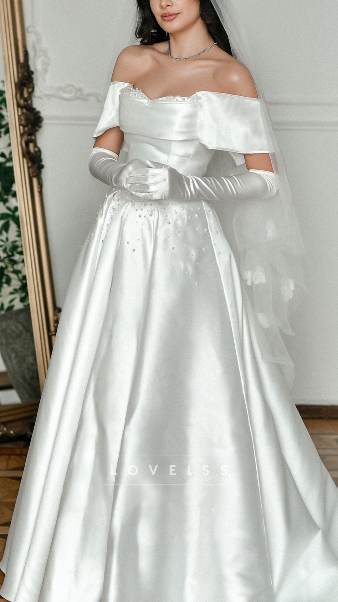 Off-Shoulder Beaded Satin A-Line Wedding Dress