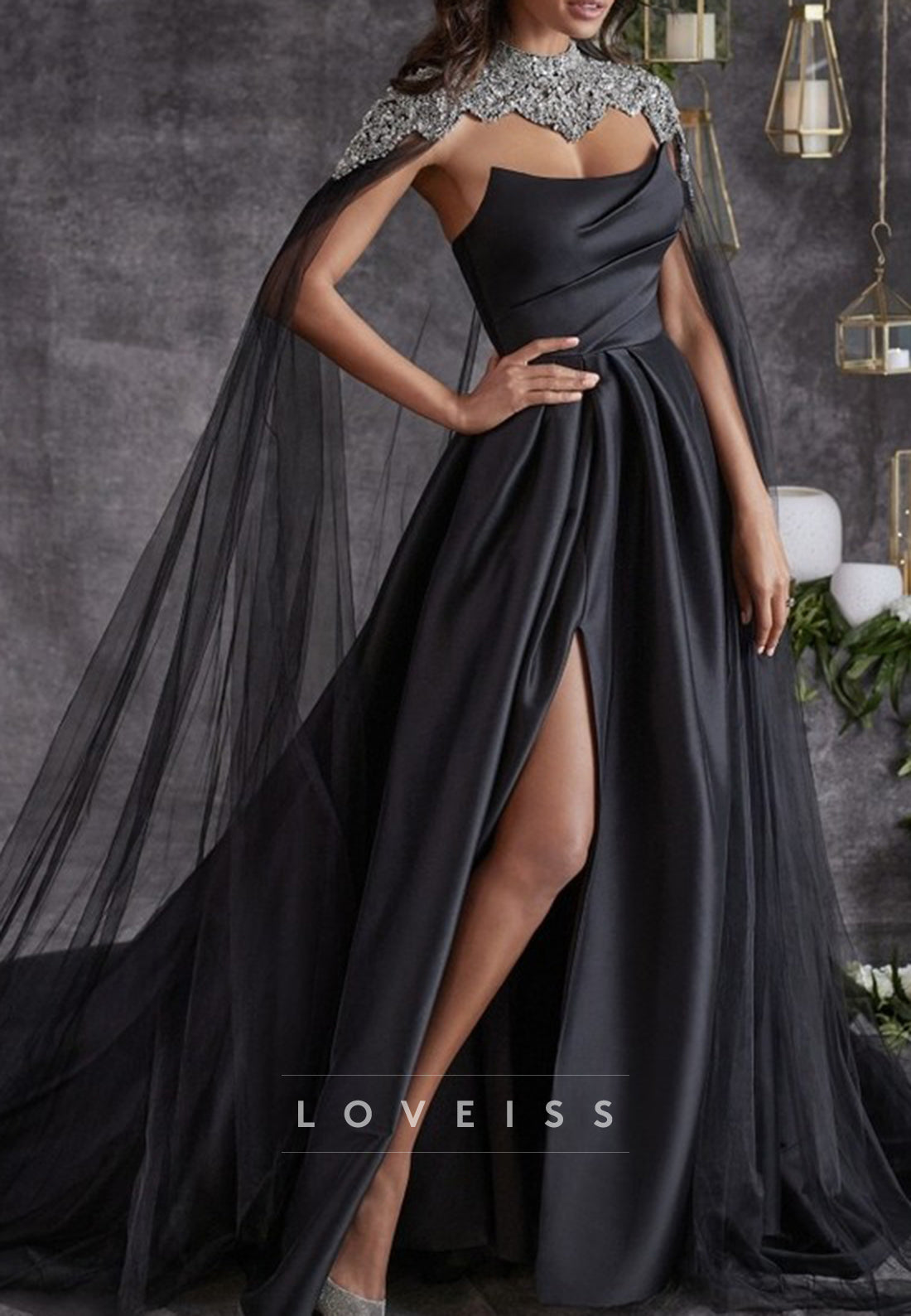 Off-Shoulder Beaded Side Slit Satin A-Line Black Wedding Dress