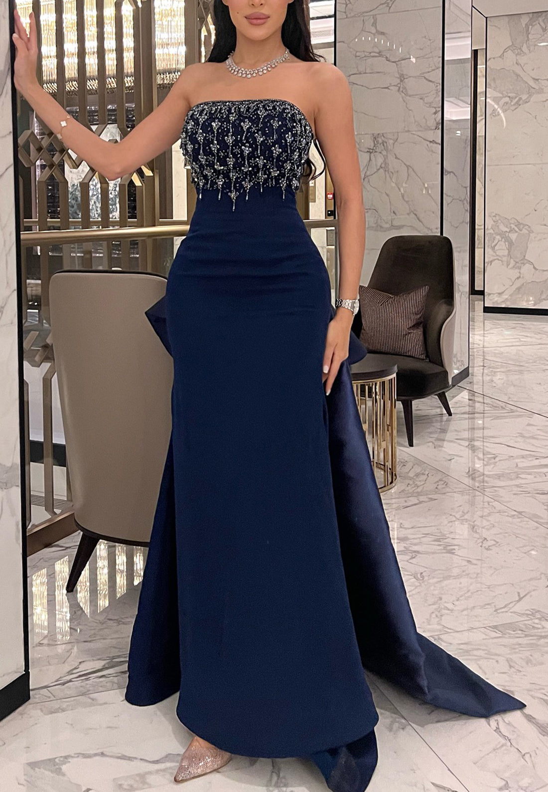 Off-Shoulder Beaded Sleeveless Sleek Mermaid Evening Dress