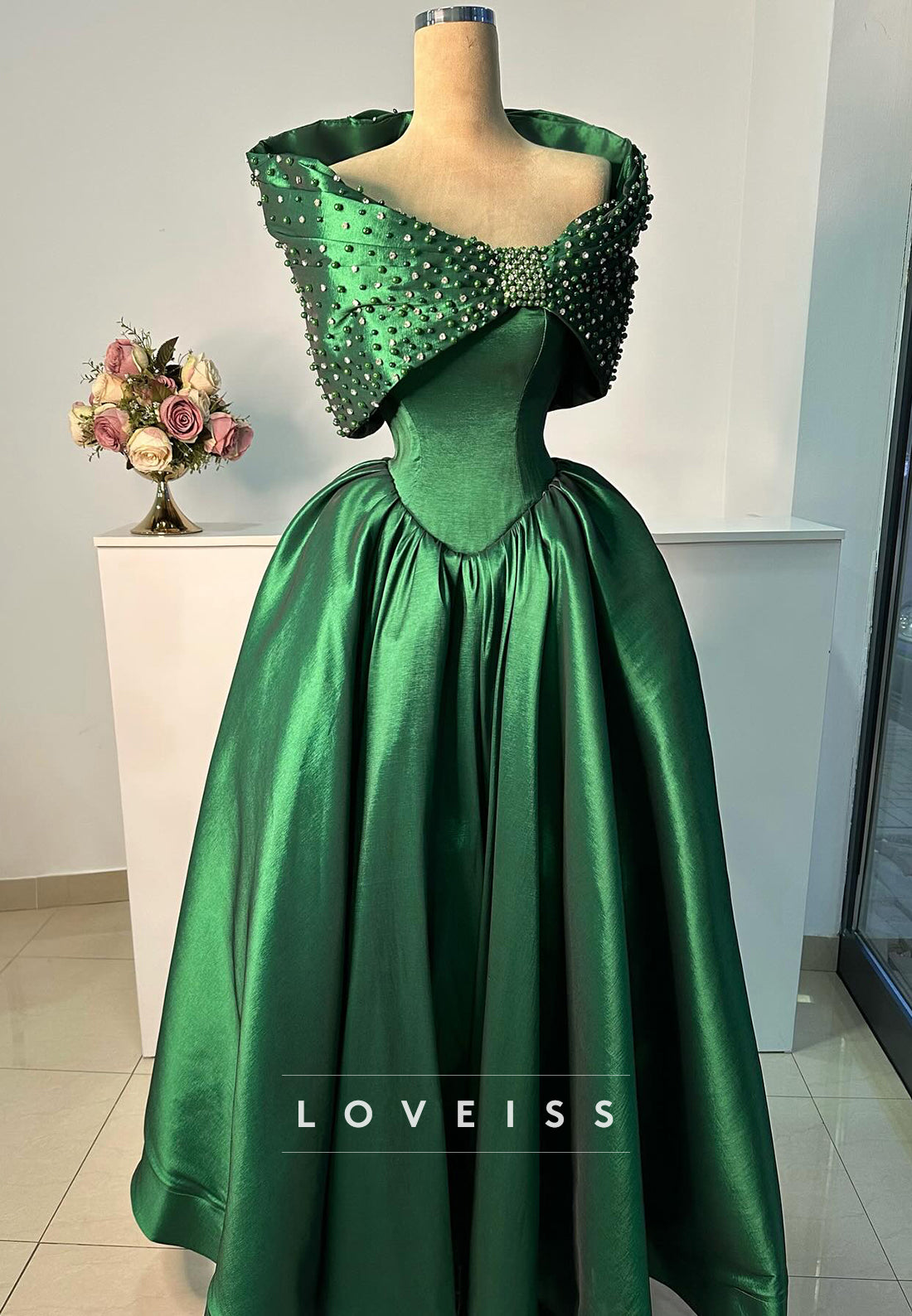 Off-Shoulder Beaded Sleeves A-Line Satin Prom Dress