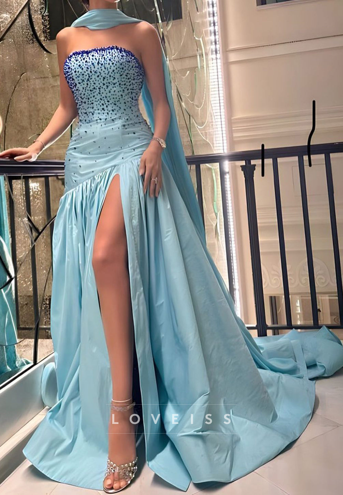 Off-Shoulder Beaded Strapless Pleated A-Line Prom Dress
