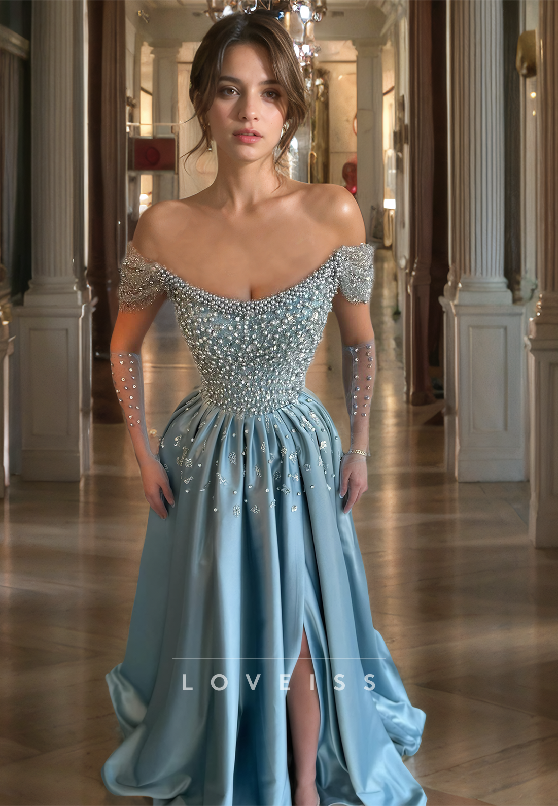Off-Shoulder Beaded Strapless Pleated Satin A-Line Prom Dress