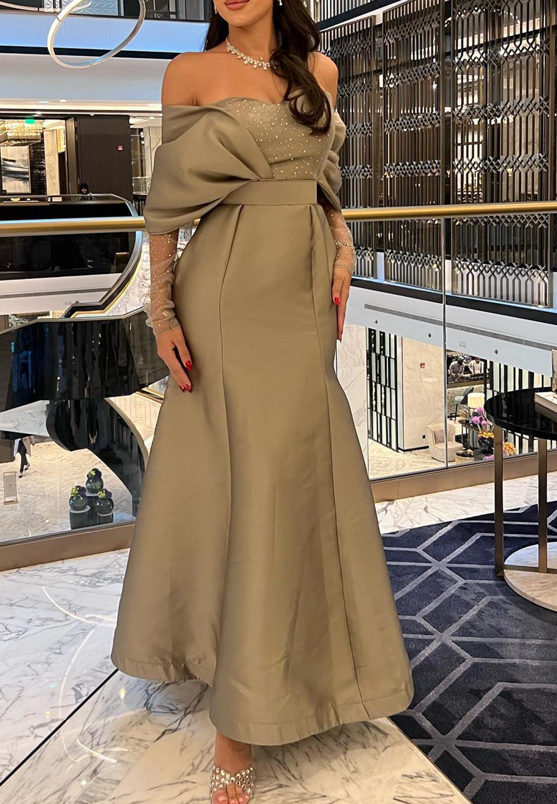 Off-Shoulder Beaded Strapless Sleek Satin Mermaid Evening Dress