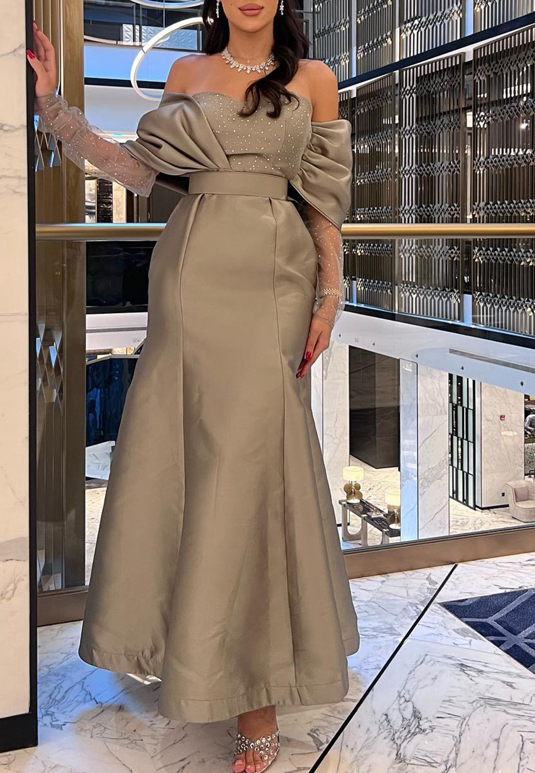 Off-Shoulder Beaded Strapless Sleek Satin Mermaid Evening Dress