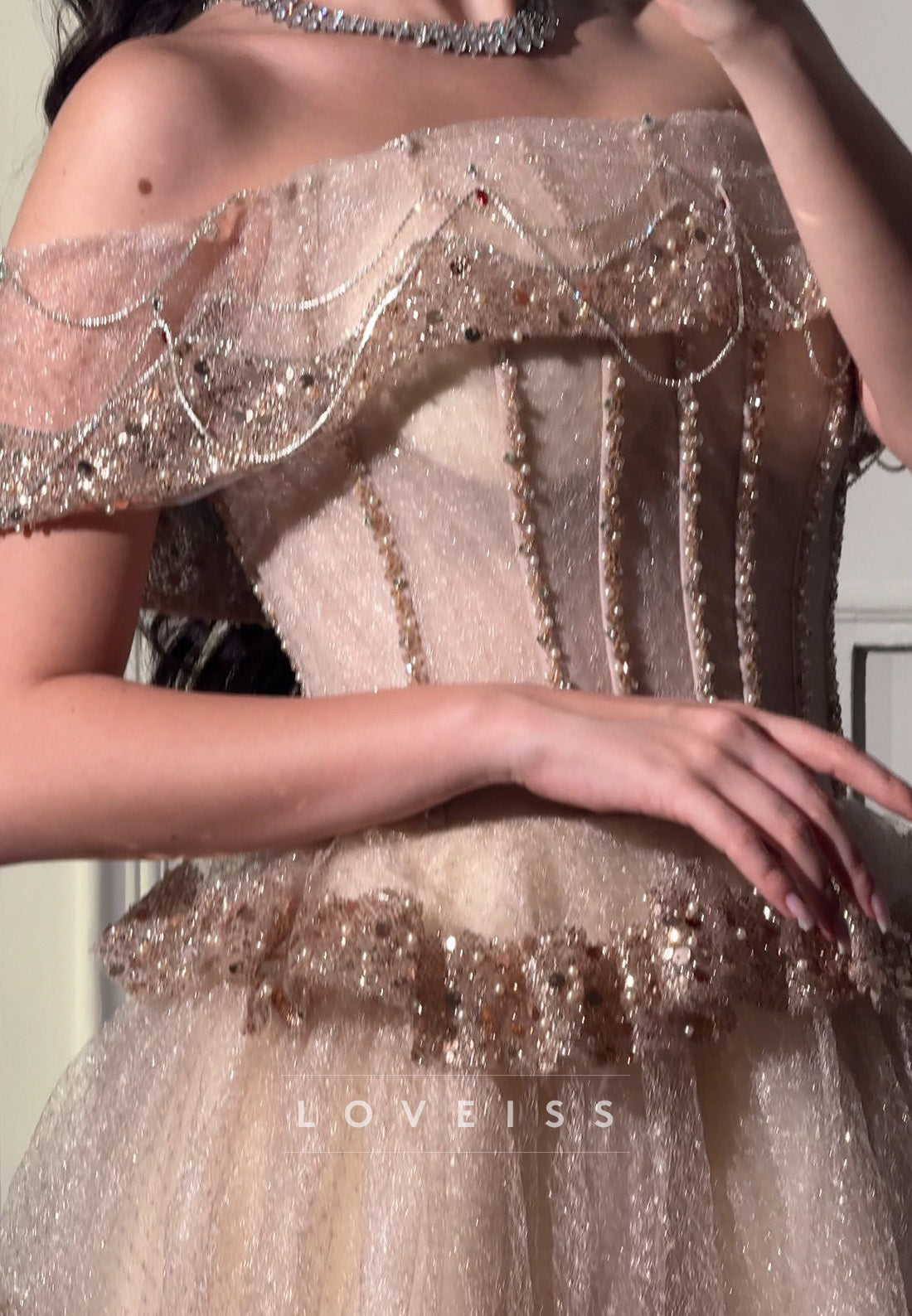 Off-Shoulder Beaded Tiered Sparkly A-Line Prom Dress