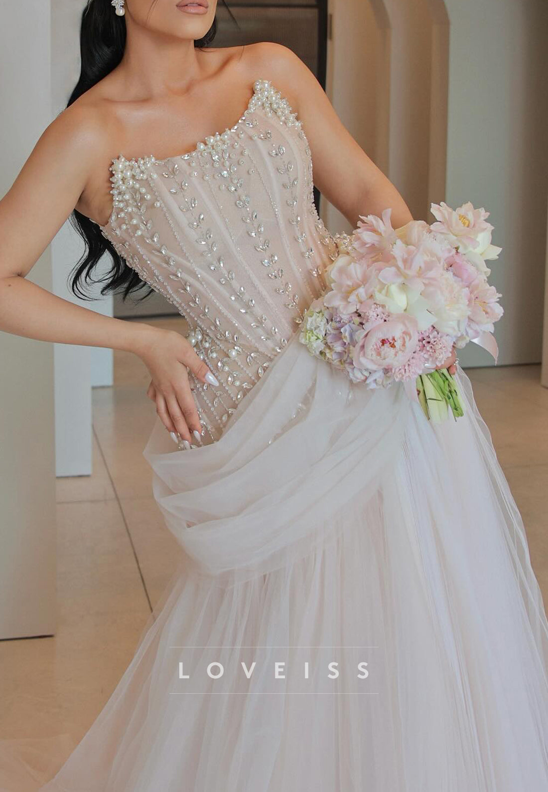 Off-Shoulder Beaded Tulle Corset Ball Gown Wedding Dress