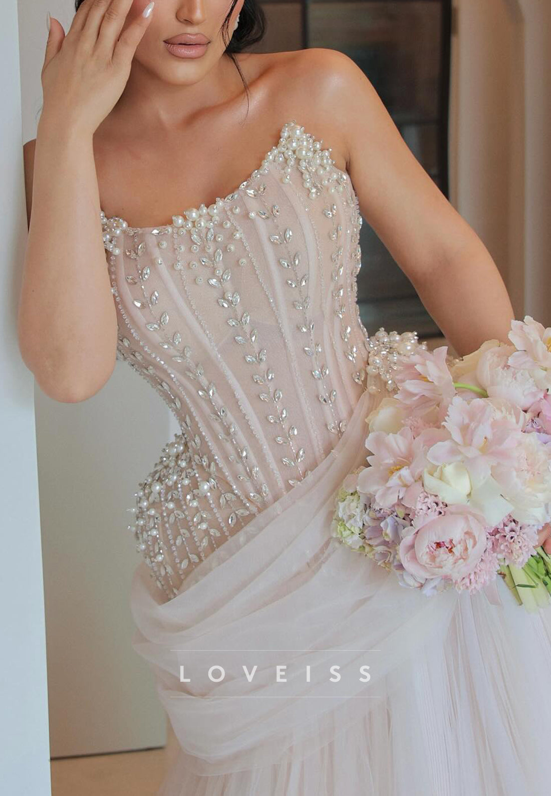 Off-Shoulder Beaded Tulle Corset Ball Gown Wedding Dress
