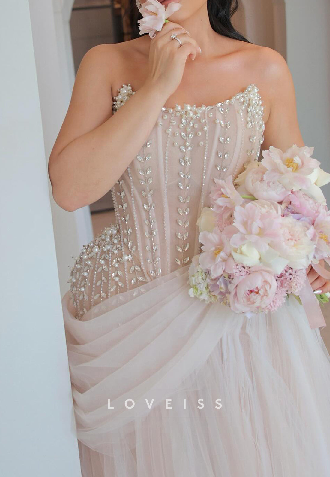 Off-Shoulder Beaded Tulle Corset Ball Gown Wedding Dress