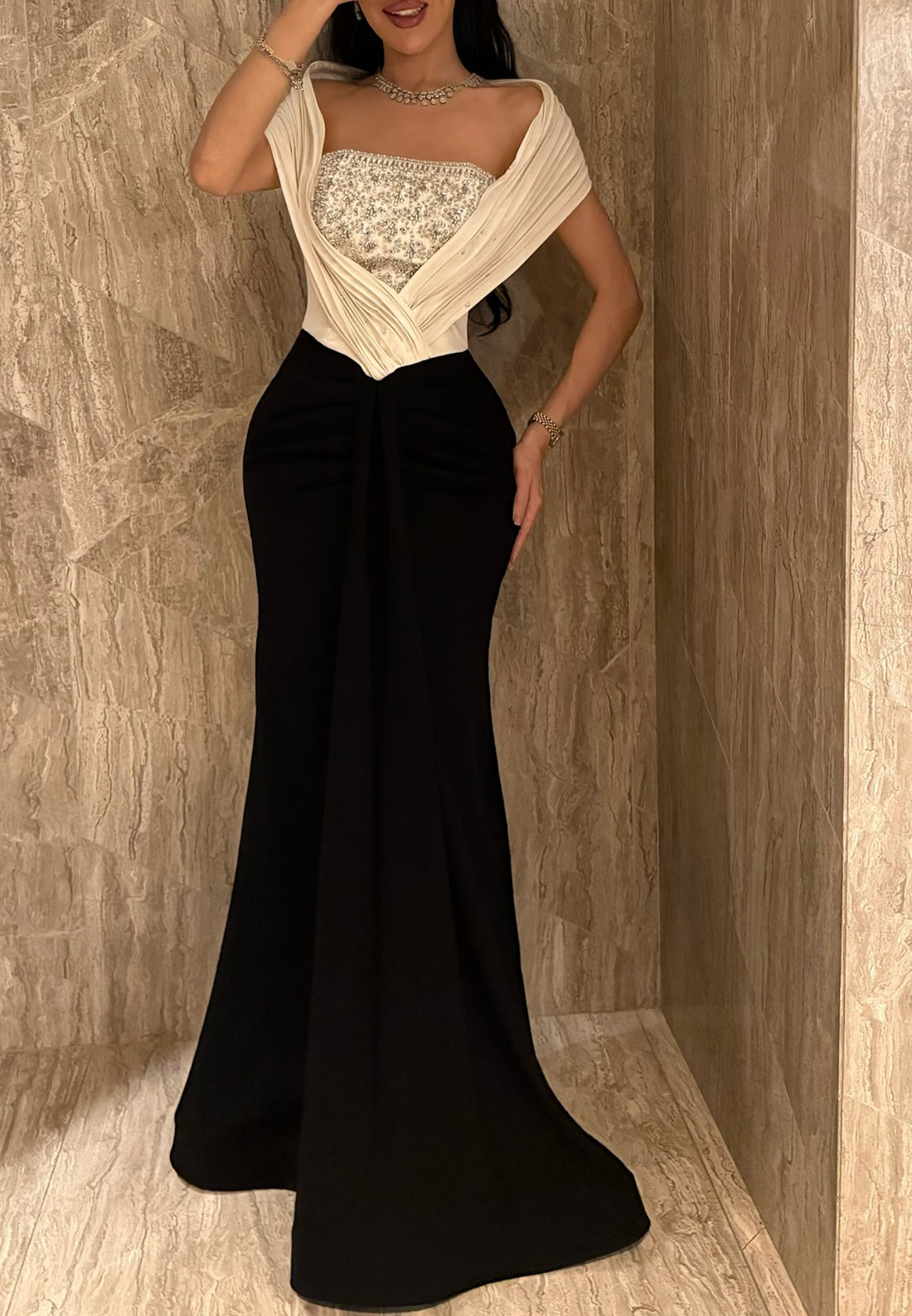 Off-Shoulder Cap Sleeves Beaded Mermaid Evening Dress