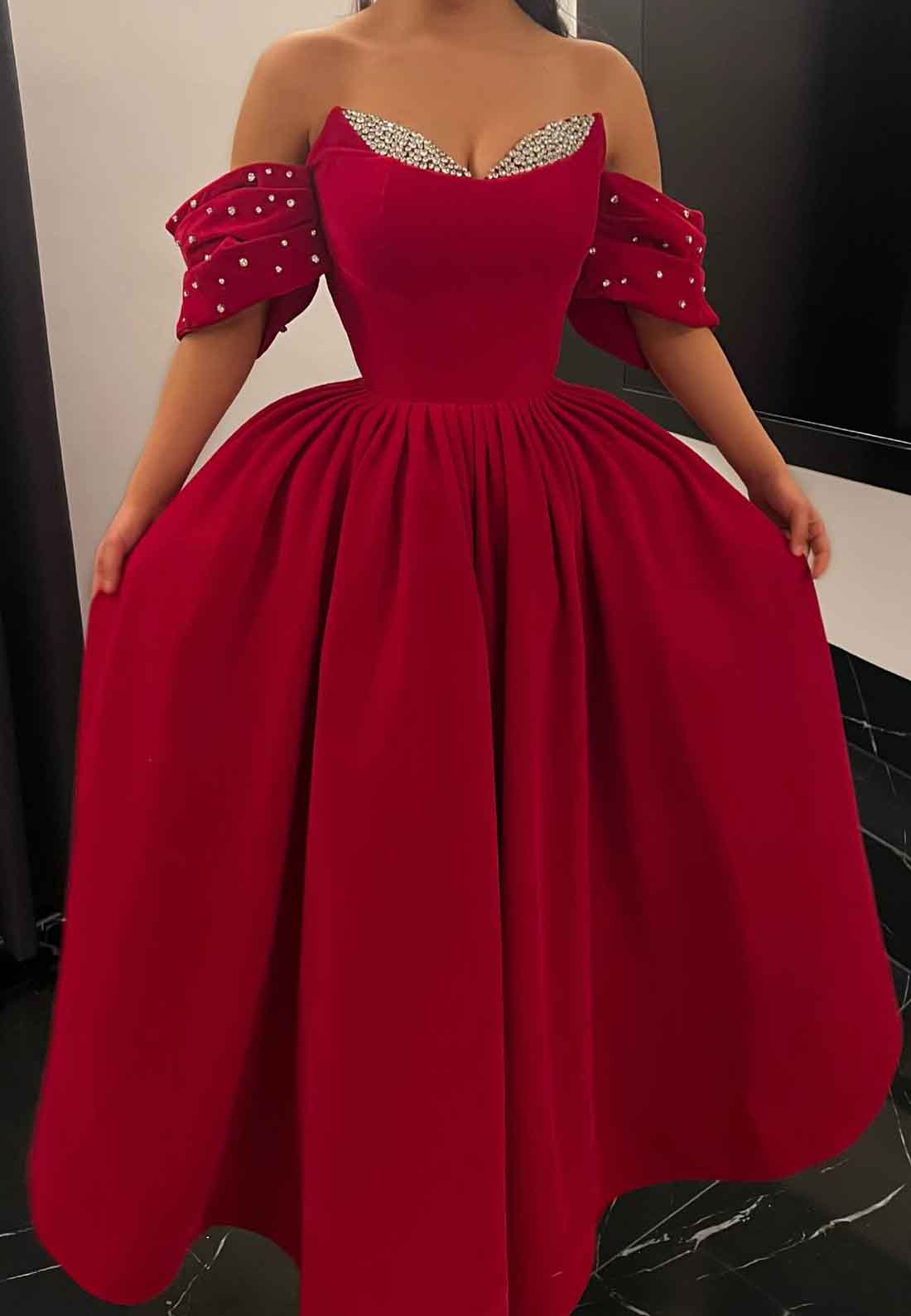 Off-Shoulder Cap Sleeves Beaded Pleated A-Line Prom Dress