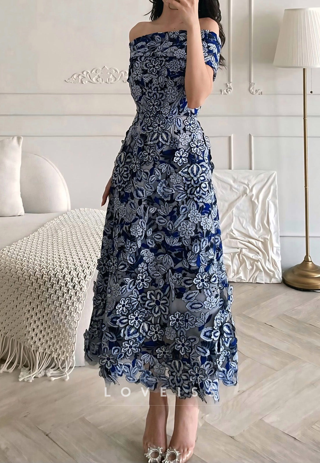 Off-Shoulder Cap Sleeves Floral Appliques A-Line Mother of Bride Dress