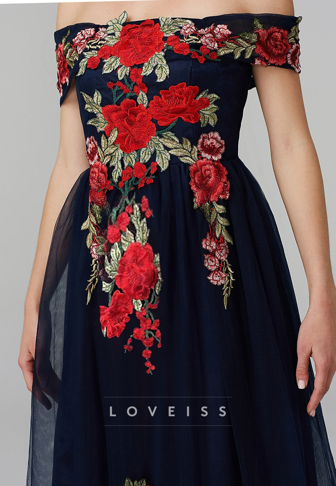 Off-Shoulder Cap Sleeves Floral Embroidery A-Line Mother of Bride Dress