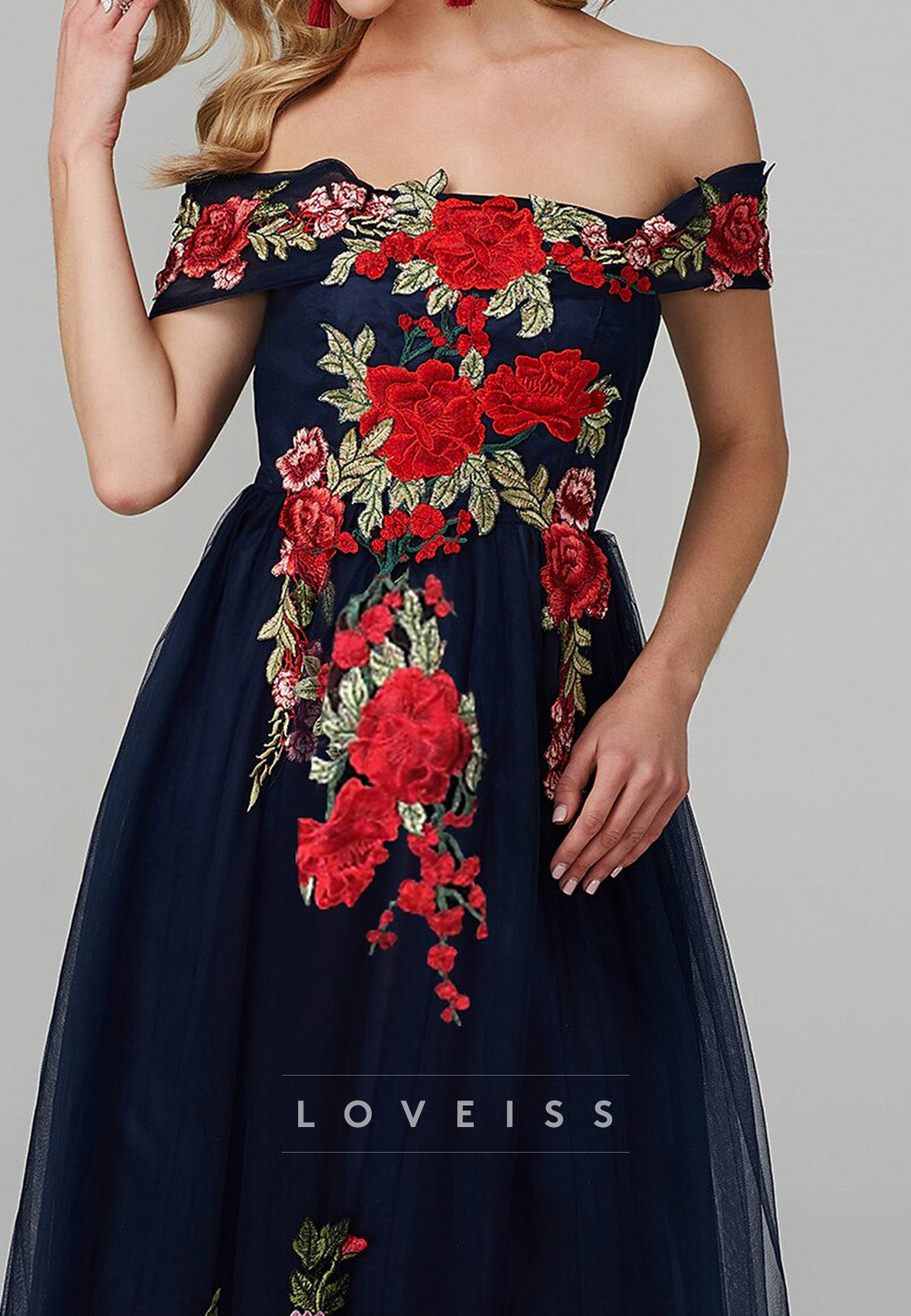 Off-Shoulder Cap Sleeves Floral Embroidery A-Line Mother of Bride Dress