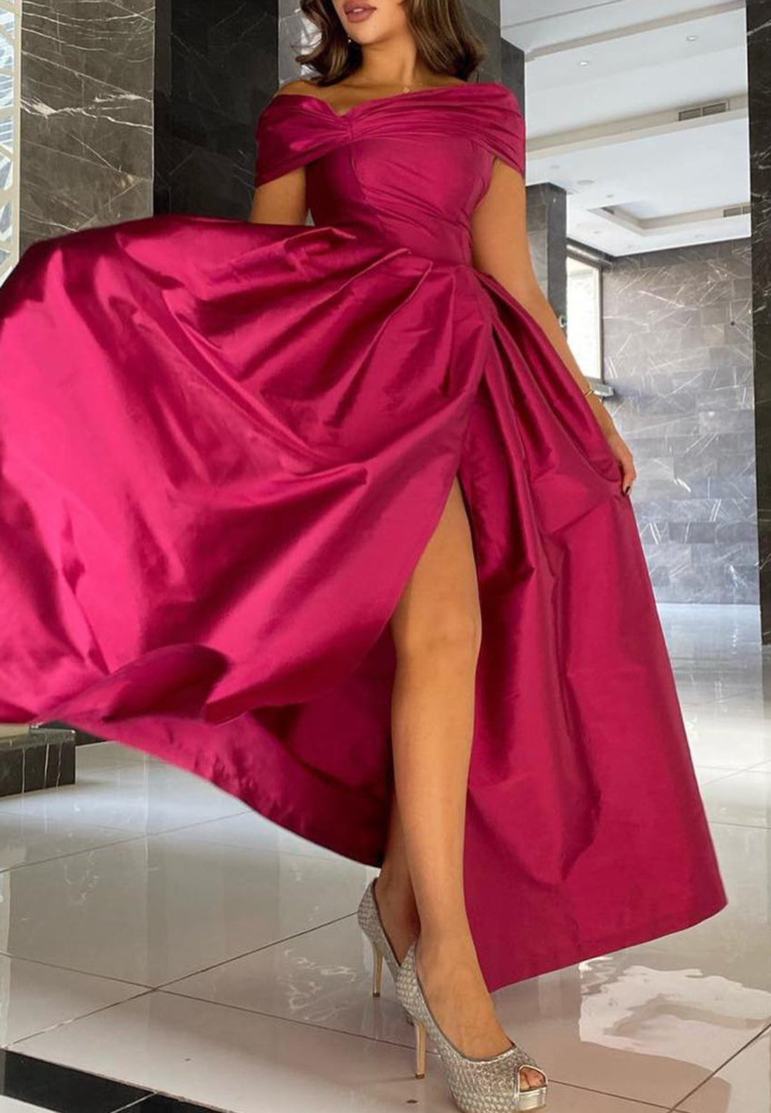 Off-Shoulder Cap Sleeves Pleated Side Slit A-Line Evening Dress
