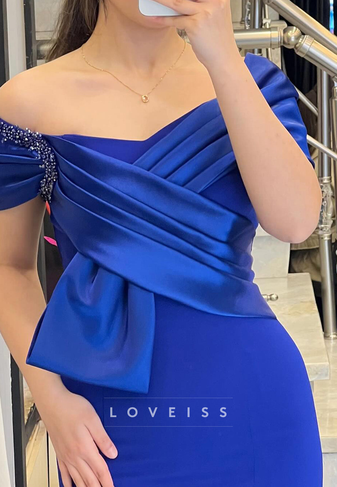 Off-Shoulder Cap Sleeves Pleated Sleek Mermaid Evening Dress Mother of Bride Dress
