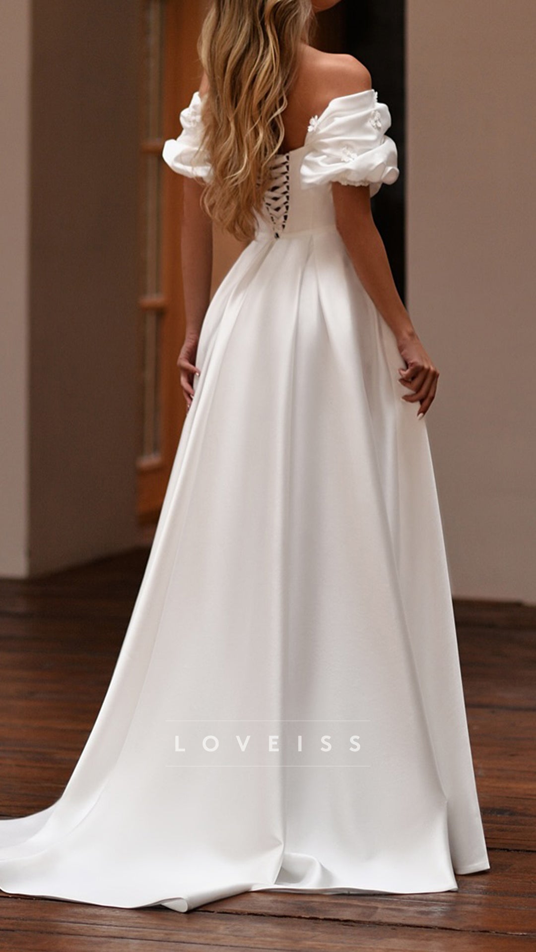 Off-Shoulder Cap Sleeves Satin A-Line Wedding Dress