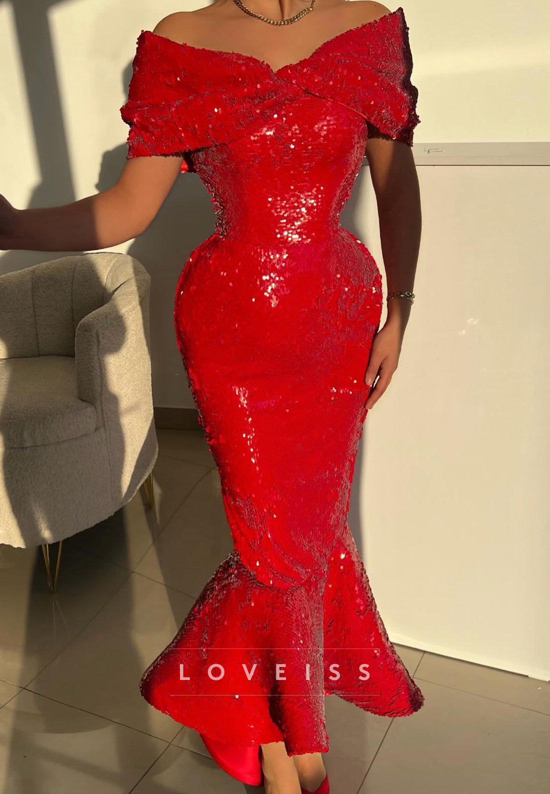 Off-Shoulder Cap Sleeves Sequins Sparkly Mermaid Prom Dress