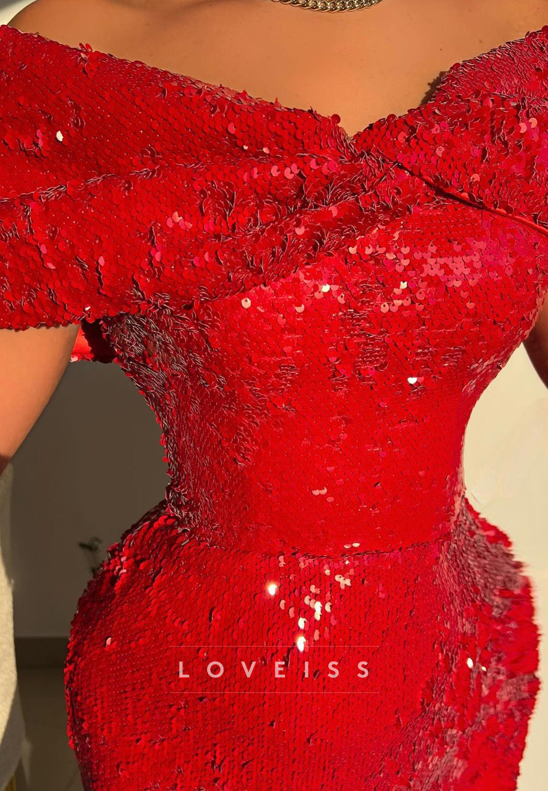Off-Shoulder Cap Sleeves Sequins Sparkly Mermaid Prom Dress