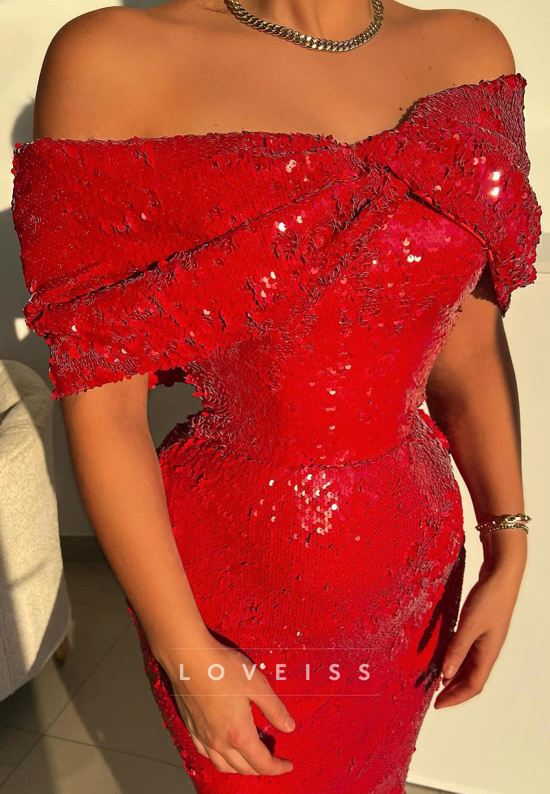Off-Shoulder Cap Sleeves Sequins Sparkly Mermaid Prom Dress