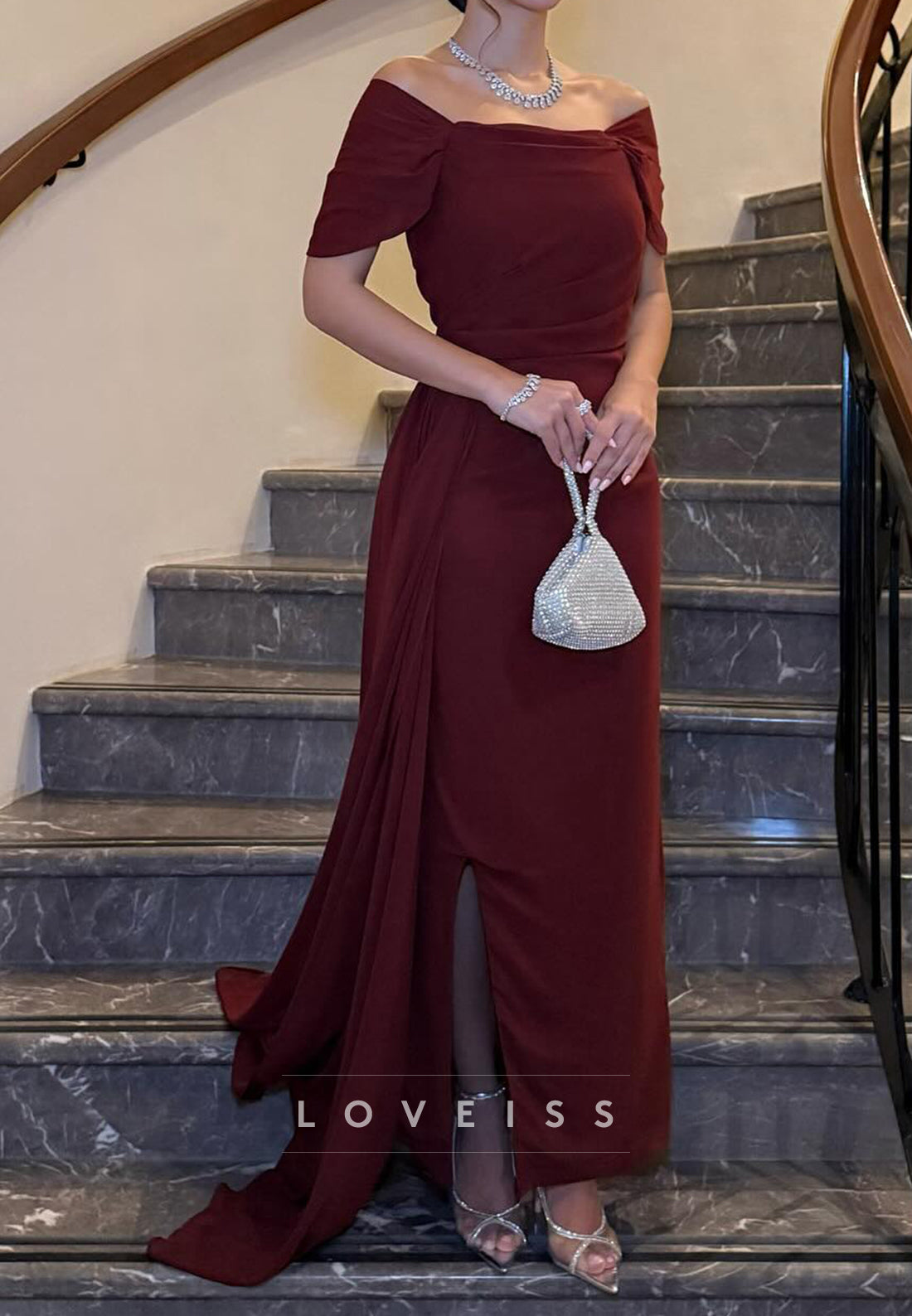 Off-Shoulder Cap Sleeves Sheath Evening Dress