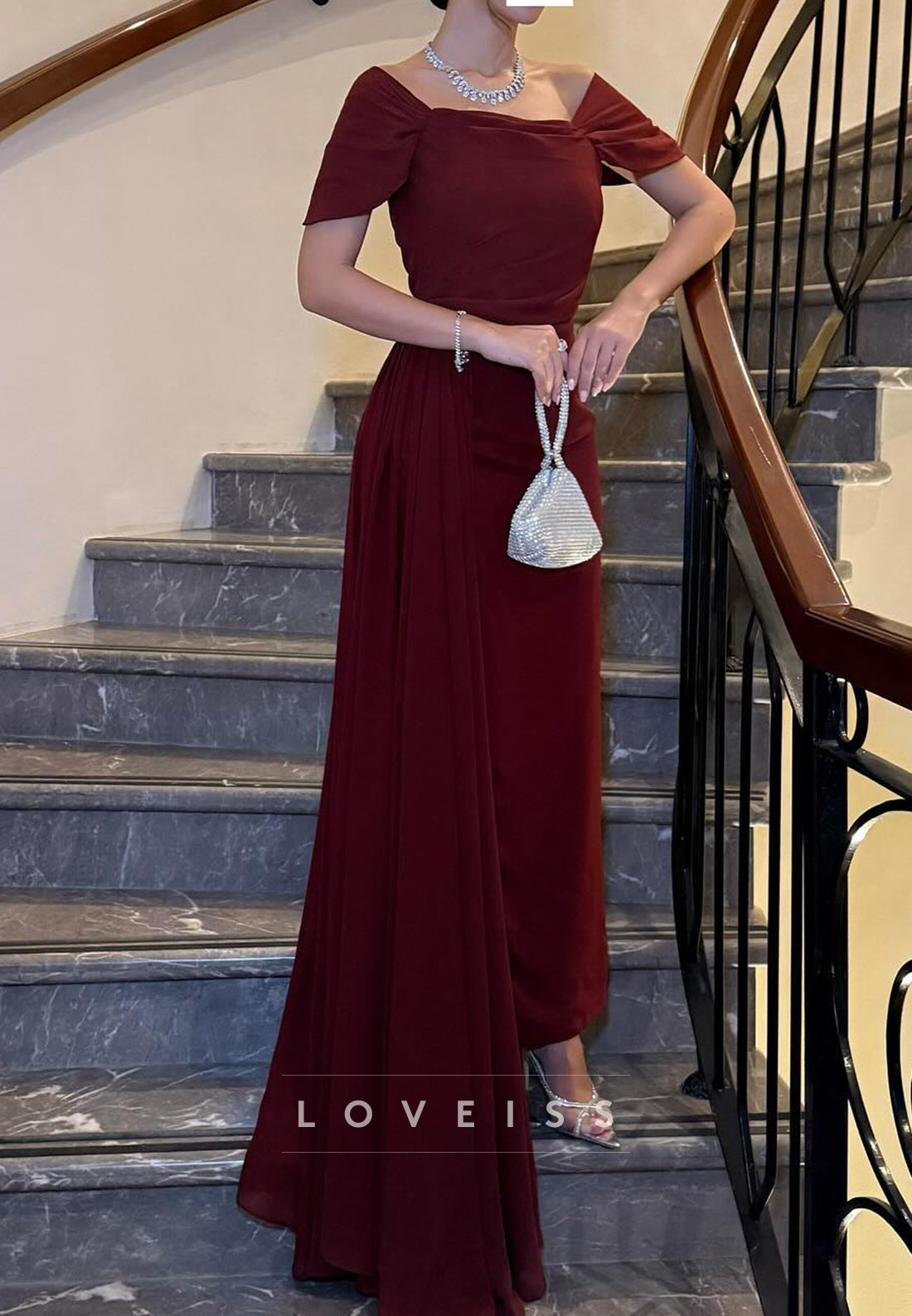 Off-Shoulder Cap Sleeves Sheath Evening Dress